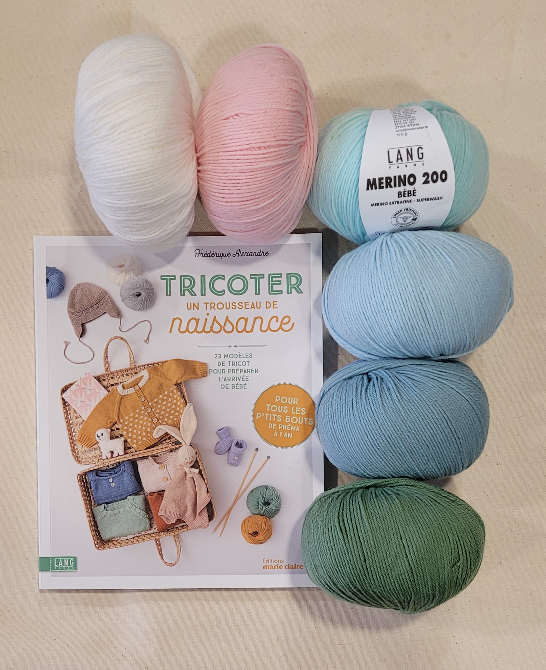 Livre Tricoter un trousseau de naissance de Frédérique Alexandre, cotons et laines Lang Yarns, Editions Marie-Claire