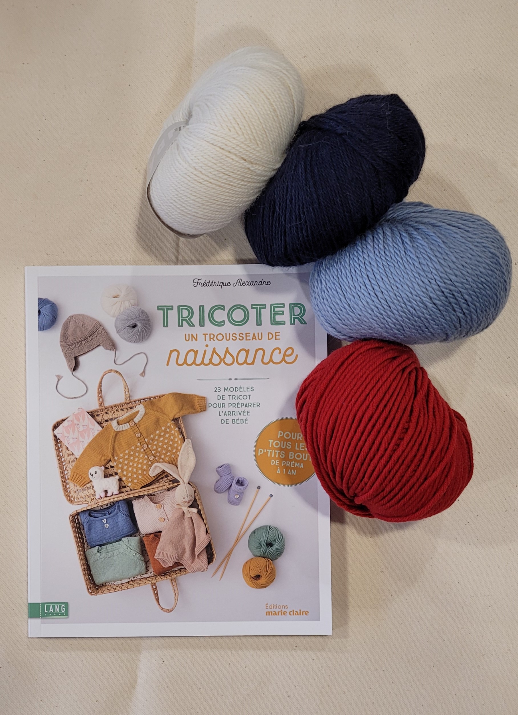 Livre Tricoter un trousseau de naissance de Frédérique Alexandre, cotons et laines Lang Yarns, Editions Marie-Claire